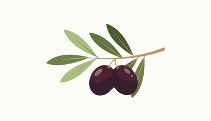Obraz premium Elegant botanical illustration of a leafy olive tree branch bearing two ripe dark purple olives on a white background.