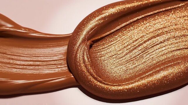 Close up of shiny bronze makeup foundation texture with smooth creamy surface on white background