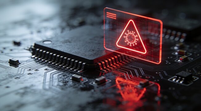 Macro shot of a black microchip on a motherboard projecting a glowing red holographic UI with a warning virus icon, representing malware detection, cyber threat alerts, and automated IT security.