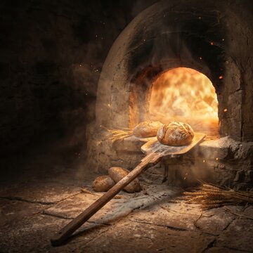 Artisan bread baked in a traditional stone oven with a wooden peel and wheat stalks