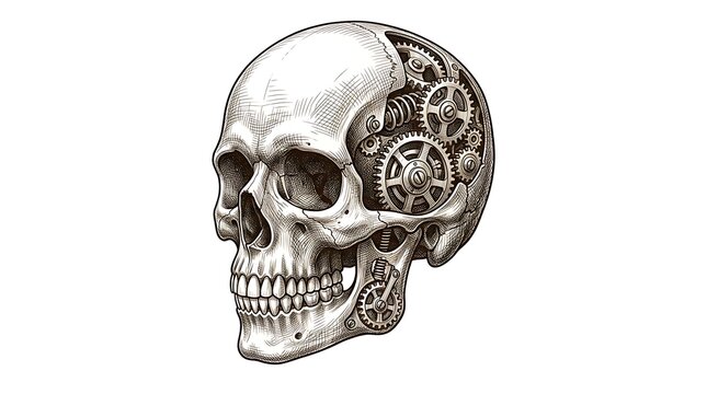 Human skull with mechanical gears and cogs inside the head
