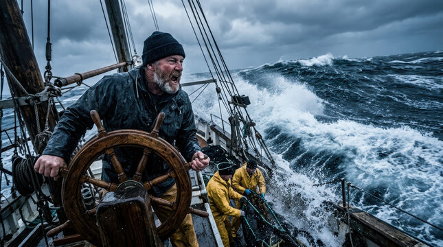 Fisherman captain steering boat storm ocean wheel wave sailor rain, rugged male fisherman captain steering wooden boat wheel through storm ocean wave, intense sailor deck during rain and rough sea
