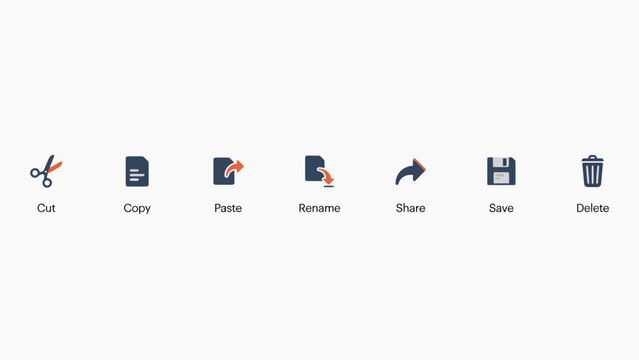 Flat icons set for file management actions like cut, copy, paste, rename, share, save, delete