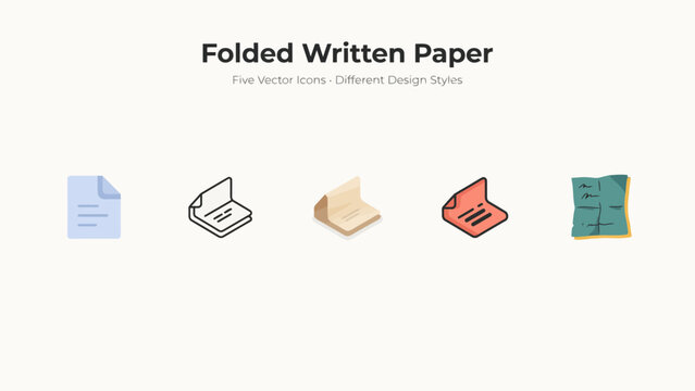 Folded paper document icons set in five different vector styles