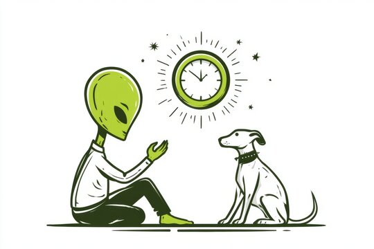 Alien and dog sharing a moment with time