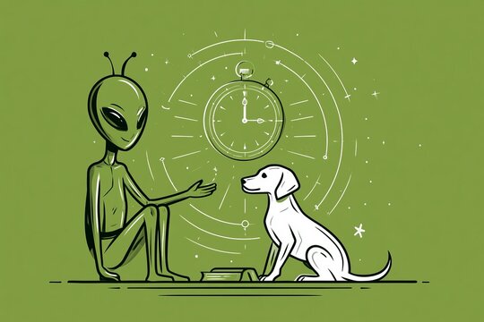 Green Alien and Dog Contemplating Time