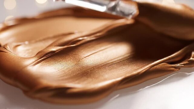 Close up of golden liquid foundation makeup with applicator brush on reflective surface