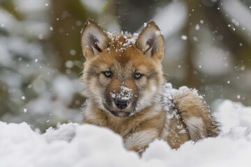 Obraz premium Adorable wolf pup enjoying a snowy day in its natural habitat