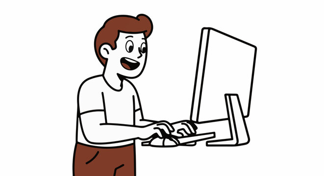 Happy cartoon man using desktop computer cheerfully at desk.