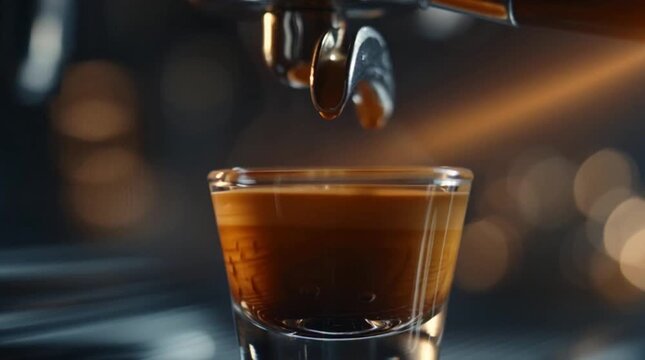 Fresh espresso dripping into a glass shot with rich crema