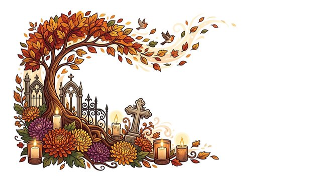 Autumnal memorial garden with candles and fall foliage on white