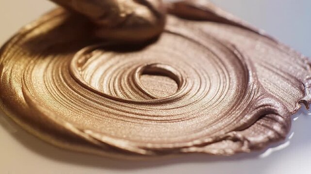 Close up of metallic bronze cream texture swirling on a surface with smooth glossy finish