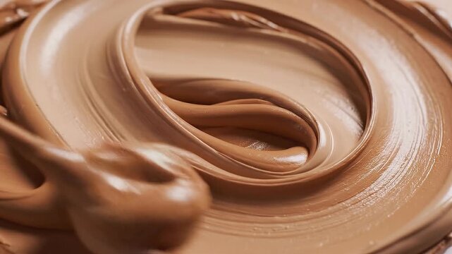 Smooth creamy chocolate spread close up texture with glossy swirl for dessert and baking