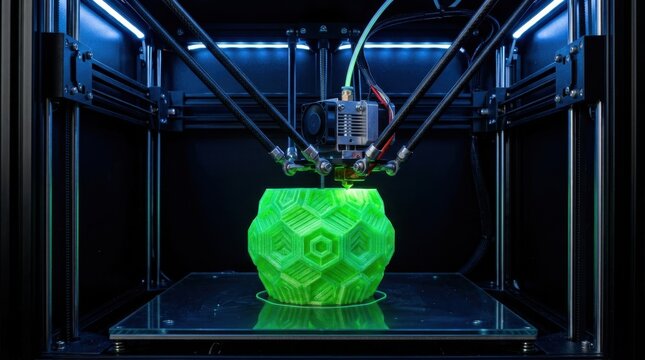 3d printer printing a bright green geometric object in a dark workshop
