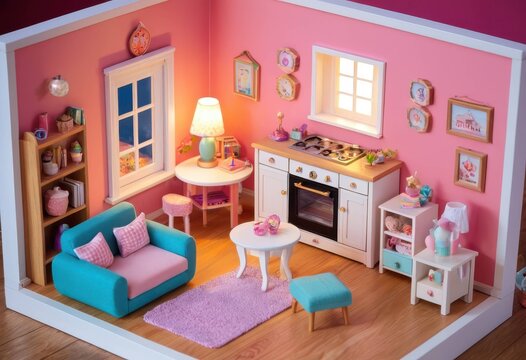 Dollhouse interior CG with pastel colored furniture