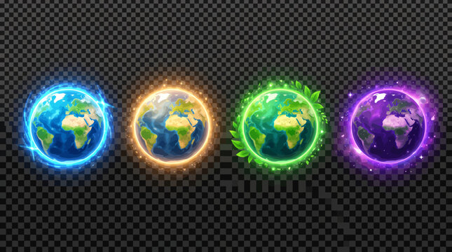 Set of glowing planet earth spheres with magical colorful light energy effects.