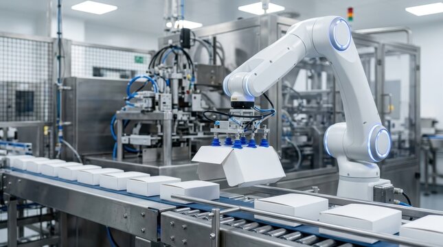 Robotic arm picking up a white box on a factory assembly line