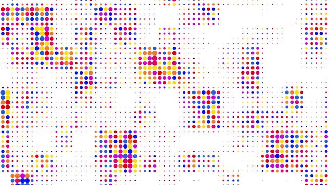 Vibrant colorful halftone dot pattern background shifting dynamically on white surface with blue red and yellow grid loop 4k video