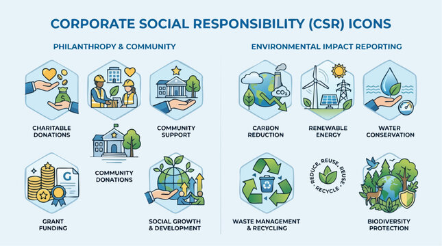 Corporate social responsibility and sustainability icons for philanthropy and environmental impact reporting. Detailed vector design set.