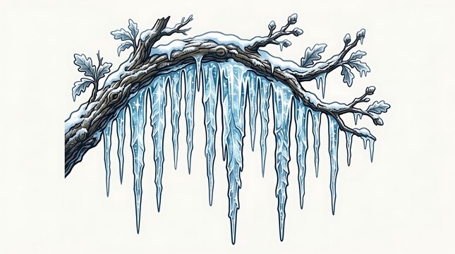 Frozen tree branch with long hanging icicles