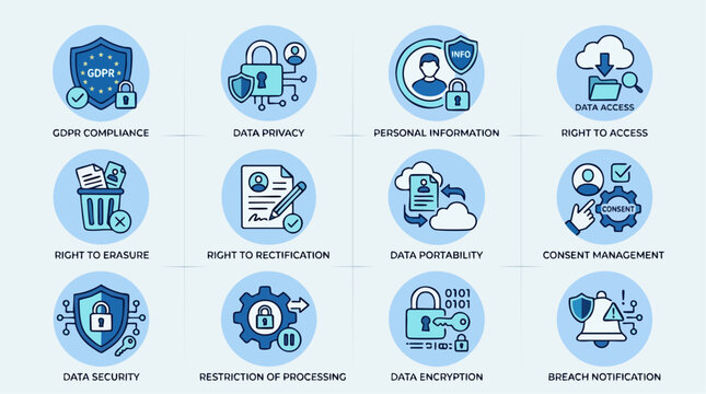 Data Privacy Icons Set for GDPR Compliance and Personal Information Protection. Digital security and regulation concepts in flat design vector illustration for corporate data management.
