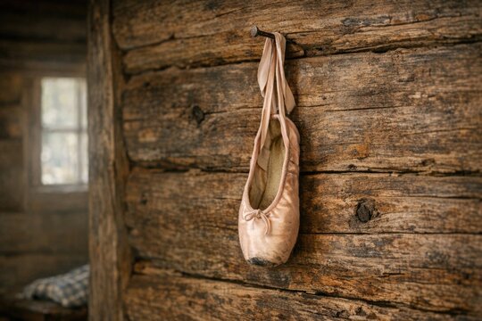 A pair of ballet shoes hung on a wooden wall, great for interior design or dance studio backgrounds