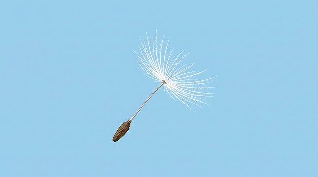 Single dandelion seed floating in a clear blue sky