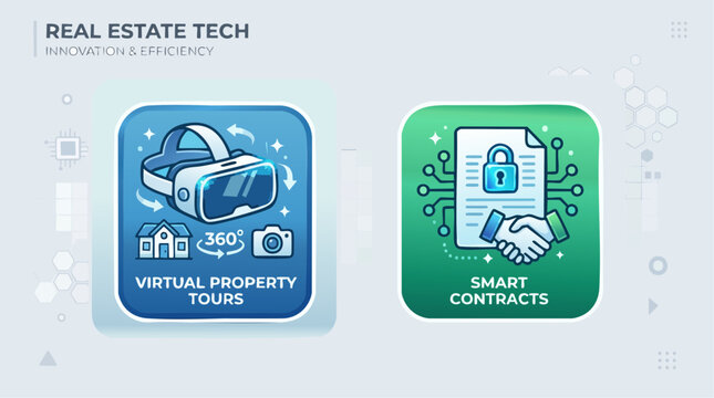 Real estate technology icons representing virtual property tours and smart contracts for modern digital home buying and business solutions.