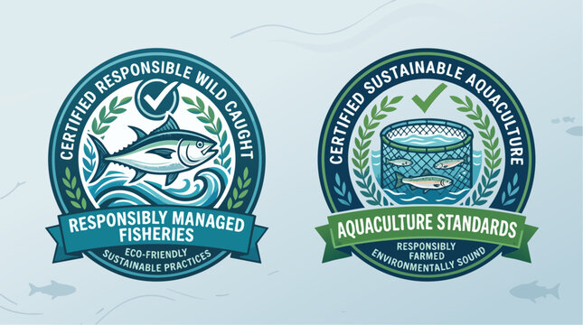 Sustainable seafood icons for responsibly managed fisheries and aquaculture standards.