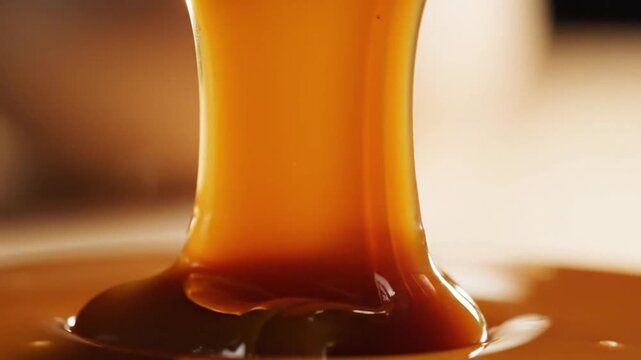 Macro Close-Up of Thick Golden Caramel Pouring