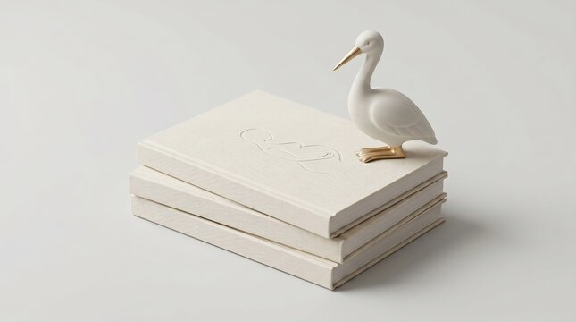Ceramic stork figurine resting on stack of minimalist pregnancy journals with embossed line art illustration on a clean neutral background
