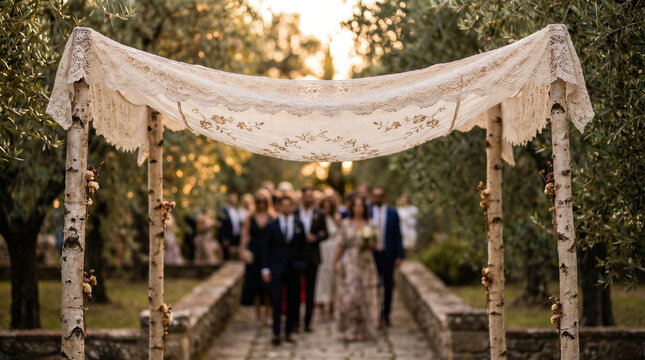 Wedding chuppah canopy standing in olive grove with blurred guests walking on stone path at outdoor ceremony.