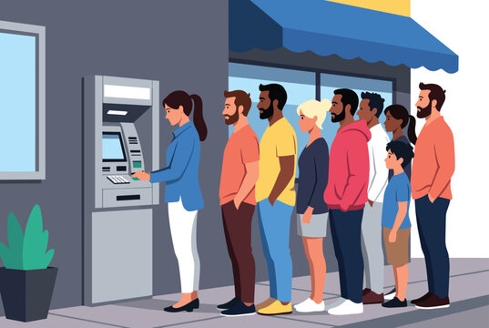 Long queue of diverse people waiting patiently in a line to use an automated teller machine outside a bank on a city street.