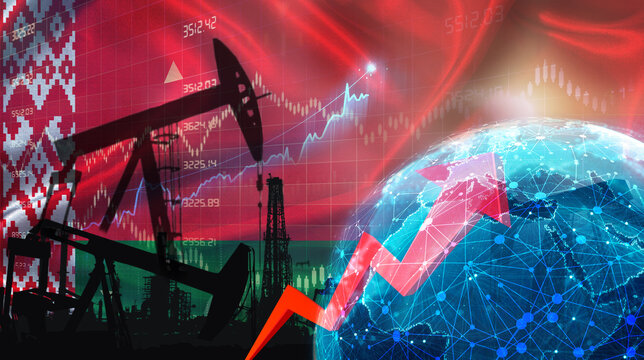 Global oil growth with Belarusian flag. International oil exports with Belarus flag on the economic chart