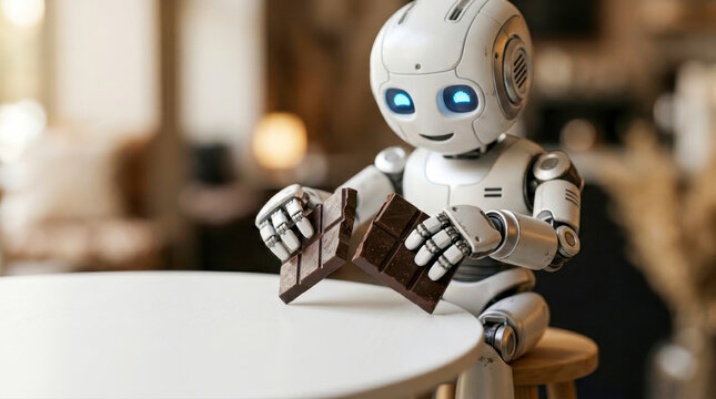 A cute small white robot sitting on a stool and breaking a chocolate bar