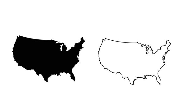 Black USA Map Outline and Solid United States Map on Transparent Background