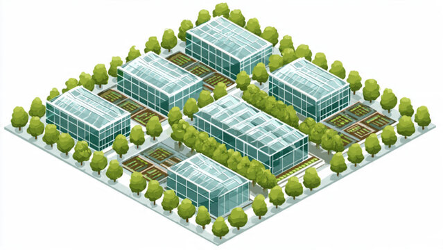 Modern greenhouse complex with glass structures surrounded by trees and garden beds for sustainable agriculture