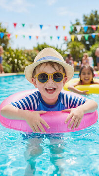 Happy young Caucasian boy with a straw hat and sunglasses floating in a pink inflatable ring in a sunny pool. Cute kids playing and laughing during a summer backyard pool party.