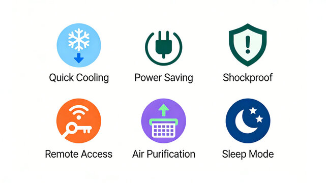 Six circular home appliance icons represent the concept of smart home living products with fast cooling, energy-saving, shock resistant purification, and remote sleep.
