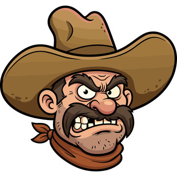 A cartoon cowboy with a scowling face and brown hat is shown.