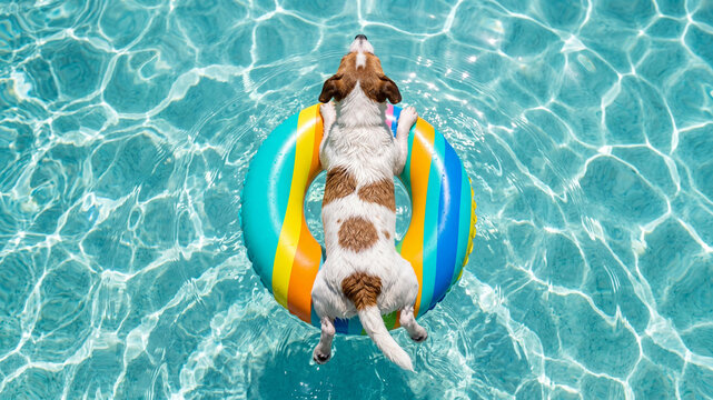Jack Russell Terrier dog floating on a colorful striped inflatable ring in a crystal clear swimming pool. High angle view of a cute pet relaxing in turquoise water on a sunny summer day.