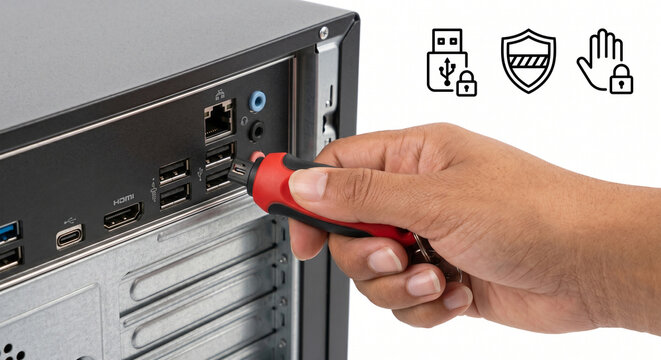 Hand Inserting Physical USB Port Blocker into Desktop Computer