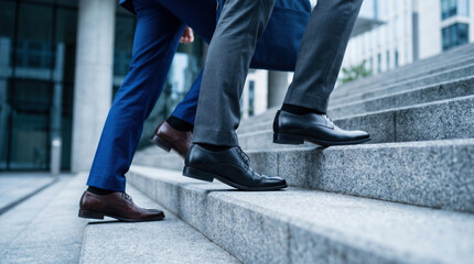 Fototapeta premium Business people walking up stairs outdoors representing career growth, success, professional advancement, corporate mobility, and strategy.