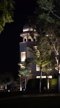 Cinematic night view of a luxurious white heritage palace with traditional architecture, beautifully illuminated behind lush garden trees.