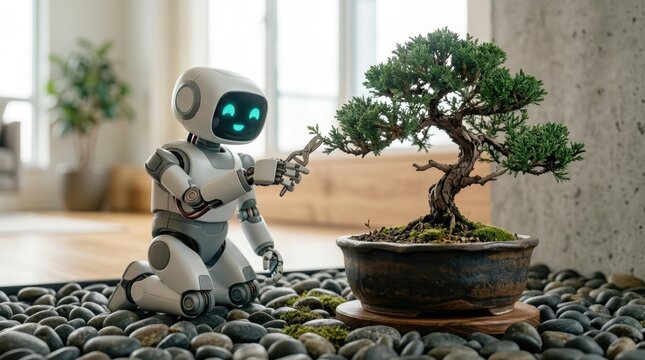 A friendly white robot carefully pruning a bonsai tree in a serene room