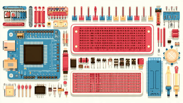 Electronic Circuit Components including Breadboards and Microcontroller for DIY Projects