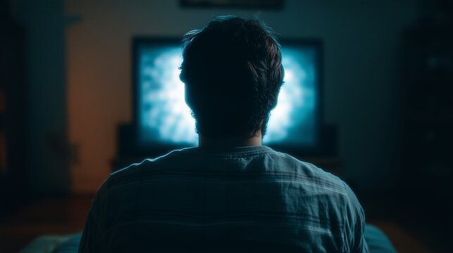 A man, seen from the back, is sitting in a dark room with the TV on. The screen emits a bright blue-white light, illuminating the figure. Loneliness, watching TV, digital consumption, evening leisure.