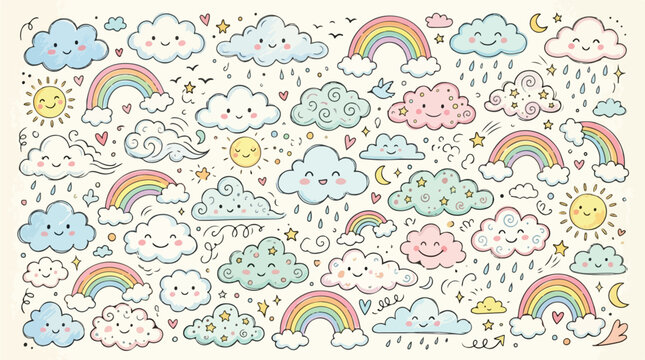 Cute weather elements set with smiling cloud and rainbow vector. Happy cartoon sun and raining clouds collection for children design. Hand drawn doodle style illustration.
