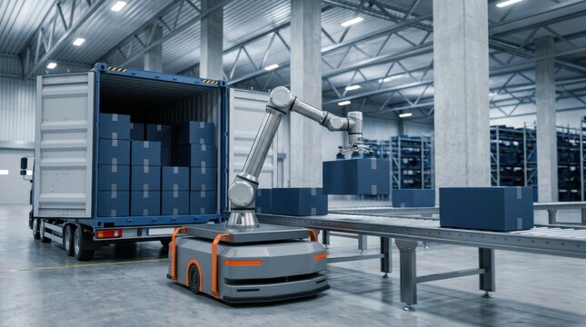 Autonomous mobile robot with robotic arm loading boxes in a warehouse