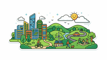 Fototapeta premium A colorful illustration of a sustainable city with green hills, modern buildings, and people enjoying outdoor activities